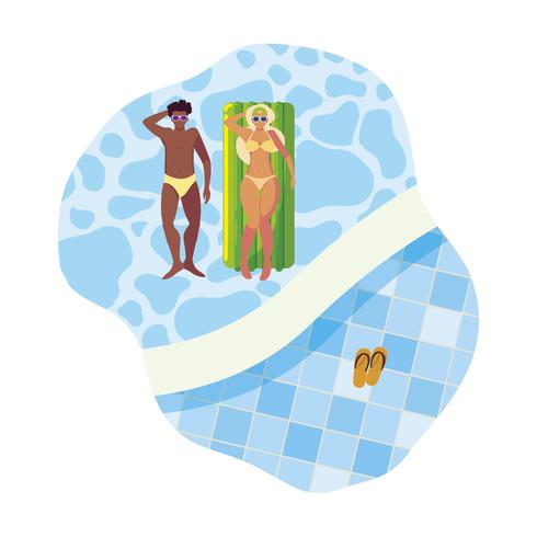 Pareja interracial con colchón flotador en agua. vector