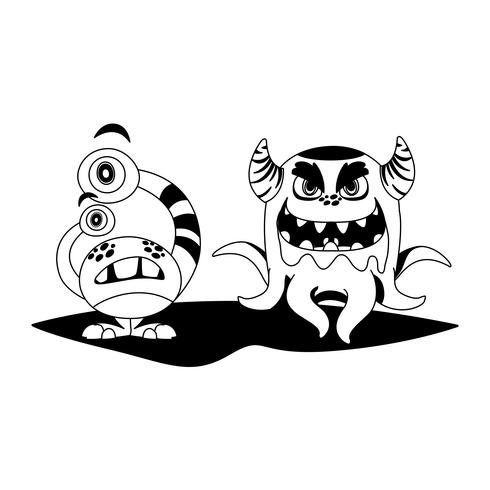 funny monsters couple comic characters monochrome vector