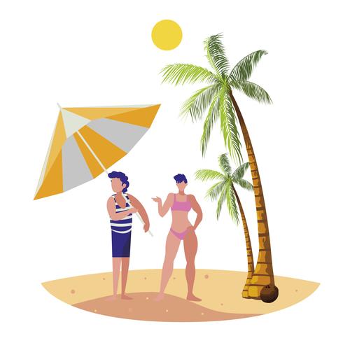 young boy with woman on the beach summer scene vector