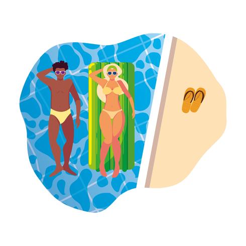 Pareja interracial con colchón flotador en agua. vector