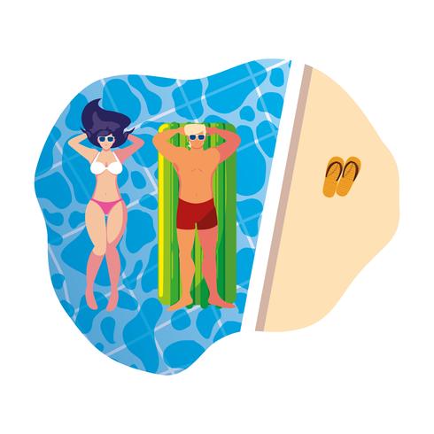 young couple with float mattress in pool vector