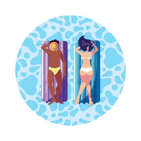 interracial couple with float mattress in water vector