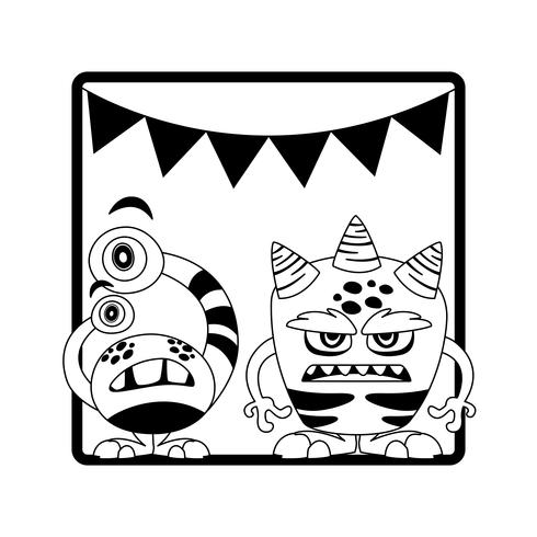 monochrome frame with monsters and garlands hanging vector