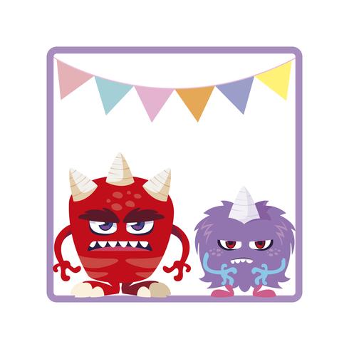 square frame with funny monsters and garlands hanging vector