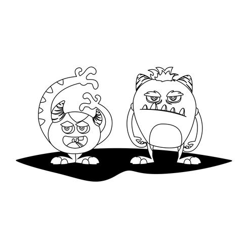 funny monsters couple comic characters monochrome vector