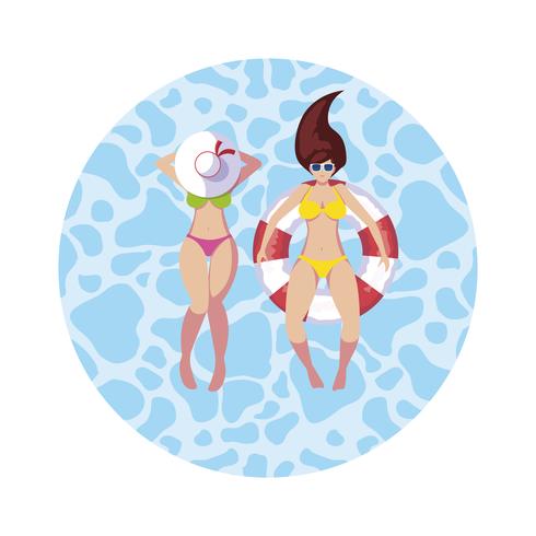 Chicas con traje de baño y salvavidas flotan en el agua. vector