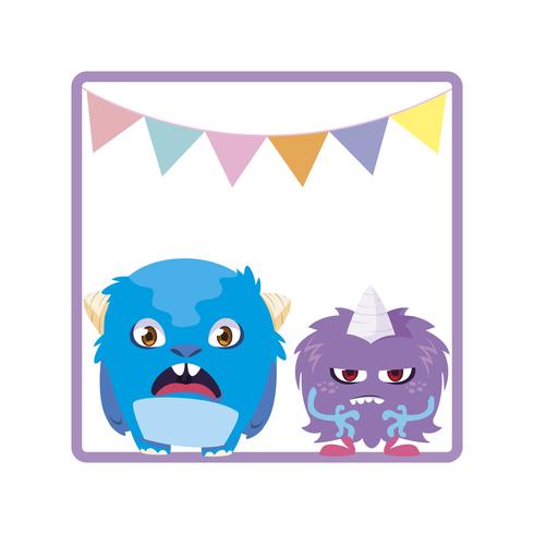 square frame with funny monsters and garlands hanging vector