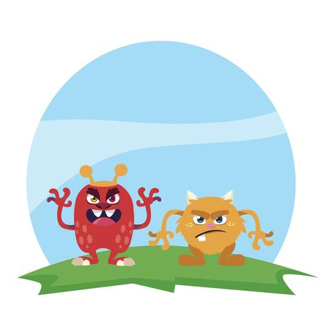 funny monsters couple in the field characters colorful vector