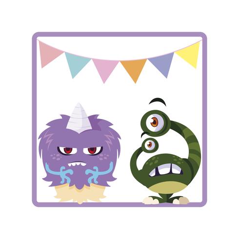 square frame with funny monsters and garlands hanging vector