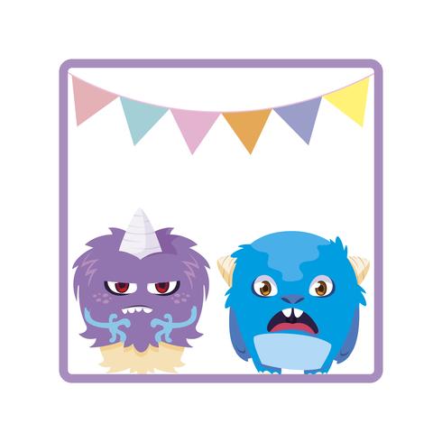 square frame with funny monsters and garlands hanging vector