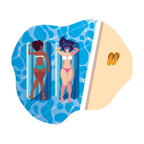 Hermosas chicas interraciales con colchón flotador en agua. vector