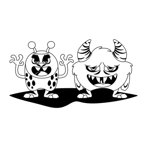 divertidos monstruos pareja comic personajes monocromo vector