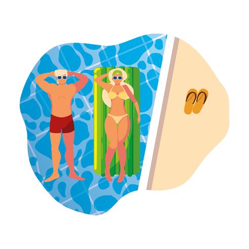 young couple with float mattress in pool vector
