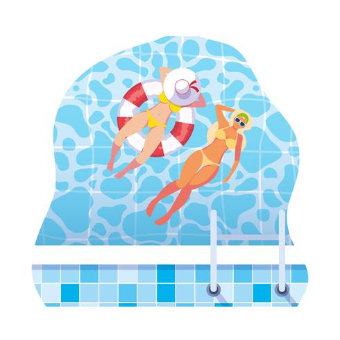Chicas con traje de baño y salvavidas flotan en el agua. vector