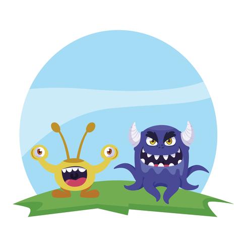 funny monsters couple in the field characters colorful vector