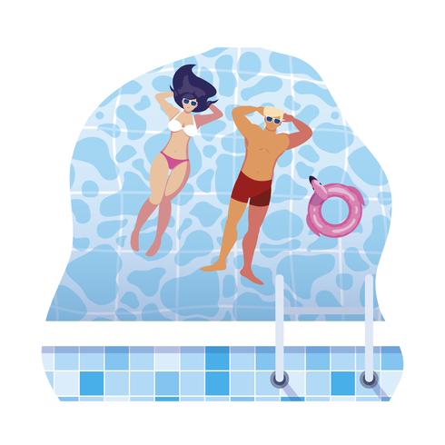 young couple with swimsuit floating in pool vector