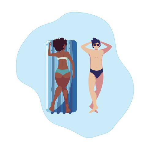 Pareja interracial con colchón flotador en agua. vector