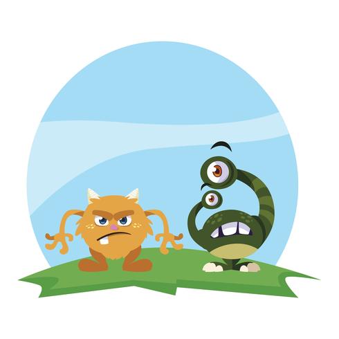 funny monsters couple in the field characters colorful vector