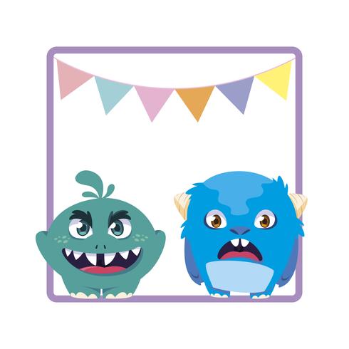 square frame with funny monsters and garlands hanging vector