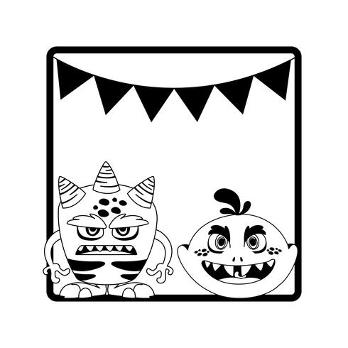 monochrome frame with monsters and garlands hanging vector