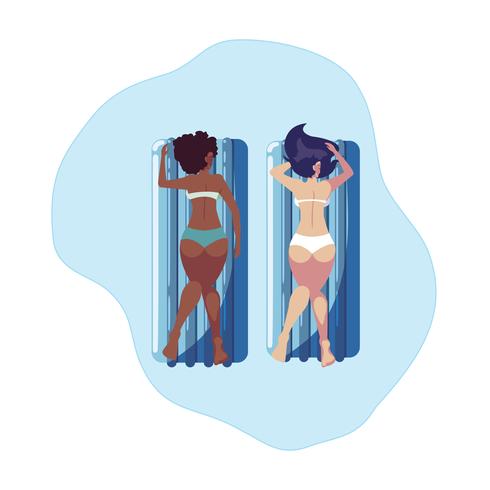 Hermosas chicas interraciales con colchón flotador en agua. vector