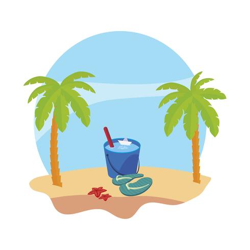 Playa de verano con palmeras y escena de cubo de agua. vector