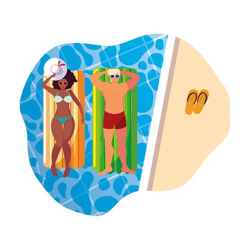 Pareja interracial con colchón flotador en agua. vector