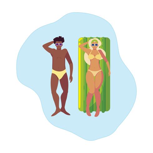 interracial couple with float mattress in water vector