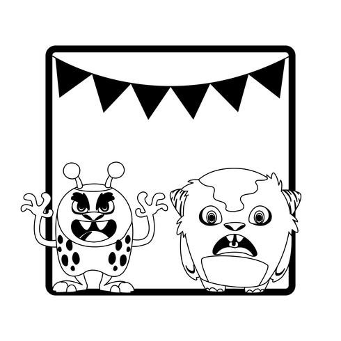 monochrome frame with monsters and garlands hanging vector