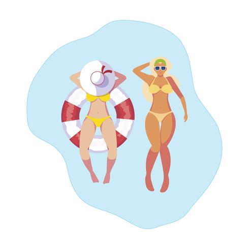 Chicas con traje de baño y salvavidas flotan en el agua. vector