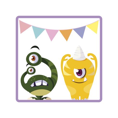 square frame with funny monsters and garlands hanging vector