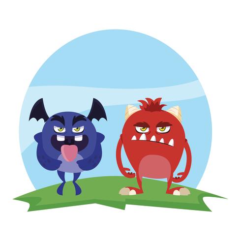 funny monsters couple in the field characters colorful vector