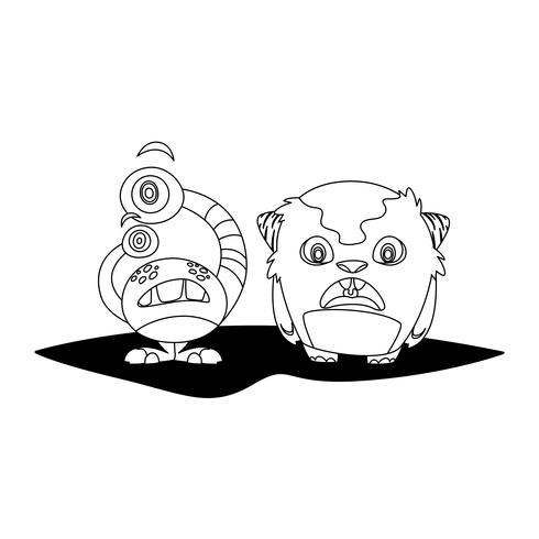 divertidos monstruos pareja comic personajes monocromo vector