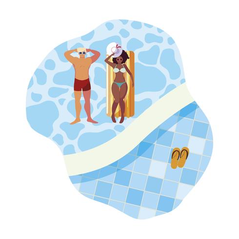 Pareja interracial con colchón flotador en agua. vector