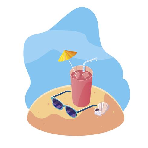 Playa de arena de verano con cóctel e iconos escena vector