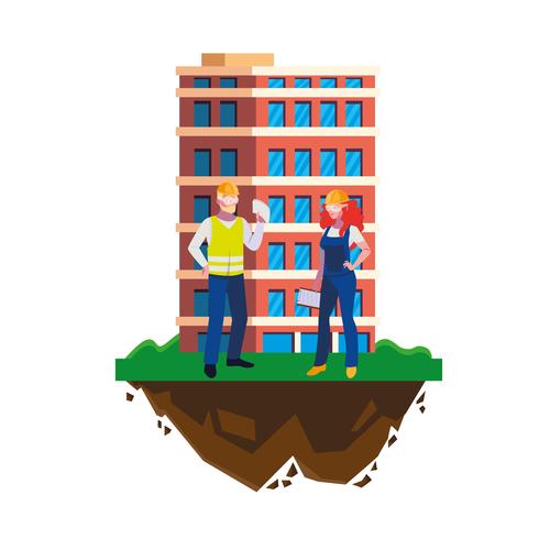 couple of builders constructors workers with building vector