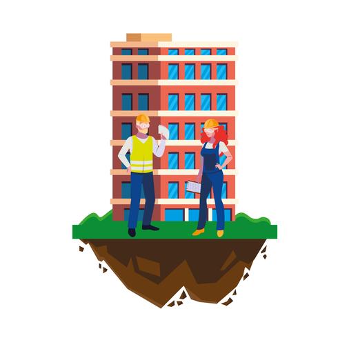 pareja de constructores constructores trabajadores con edificio vector