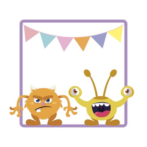 square frame with funny monsters and garlands hanging vector