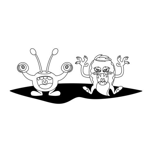 funny monsters couple comic characters monochrome vector