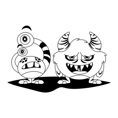 divertidos monstruos pareja comic personajes monocromo vector