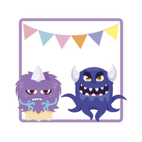 square frame with funny monsters and garlands hanging vector