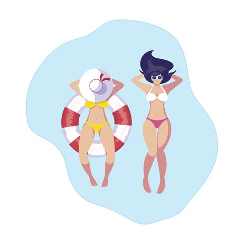 Chicas con traje de baño y salvavidas flotan en el agua. vector