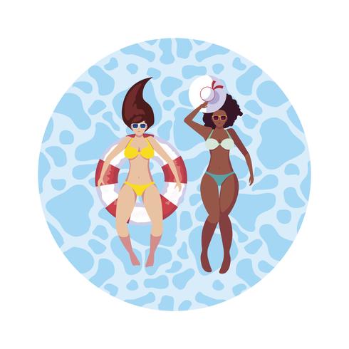 Chicas interraciales con traje de baño y salvavidas flotan en el agua. vector