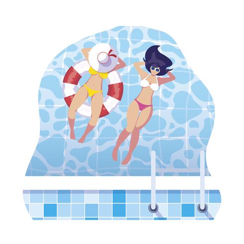 girls with swimsuit and lifeguard float in water vector