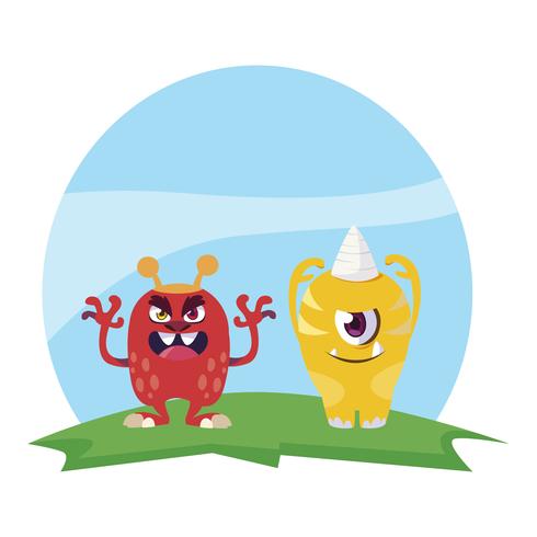 funny monsters couple in the field characters colorful vector