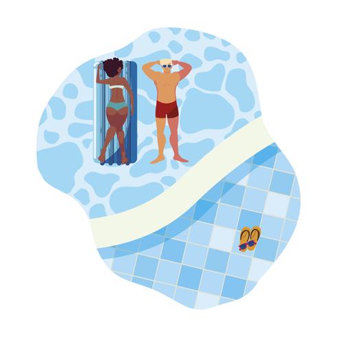 Pareja interracial con colchón flotador en agua. vector