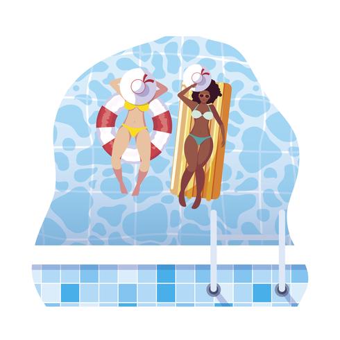 Hermosas chicas interraciales con colchón flotador en agua. vector