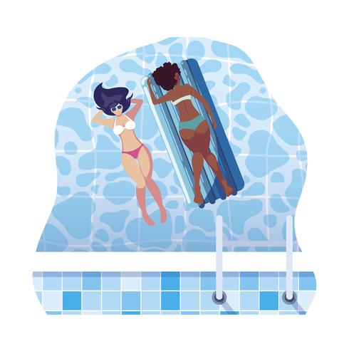 Hermosas chicas interraciales con colchón flotador en agua. vector