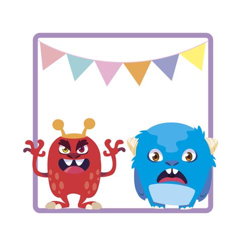 square frame with funny monsters and garlands hanging vector