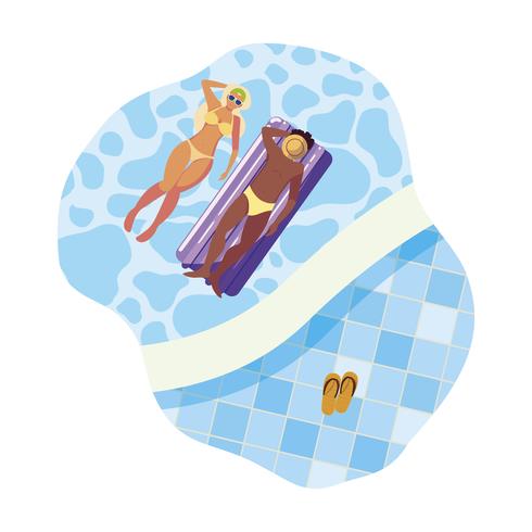 interracial couple with float mattress in water vector